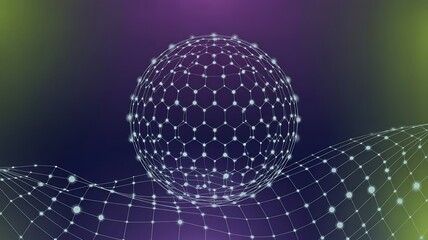 Digital glowing network sphere with connecting nodes on abstract waves, futuristic global data technology concept for communication and virtual connections