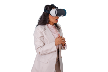 Woman wearing a vr headset, experiencing an immersive virtual reality world, expressing surprise and amazement with hands on chest