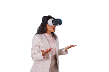 Business woman experiencing virtual reality in metaverse, looking amazed and interacting with digital content on transparent background