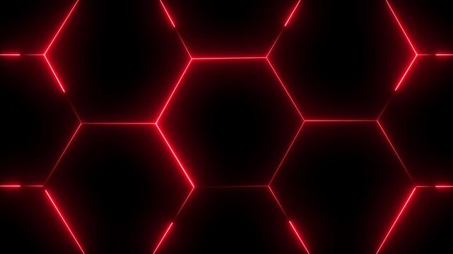 glowing neon light hexagon frame animated on black background. futuristic abstract hexagonal grid background growth line enhanced for modern geometric motion visuals