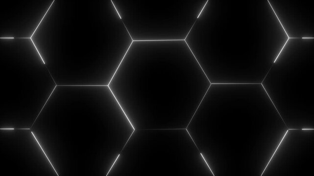 glowing neon light hexagon frame animated on black background. futuristic abstract hexagonal grid background growth line enhanced for modern geometric motion visuals