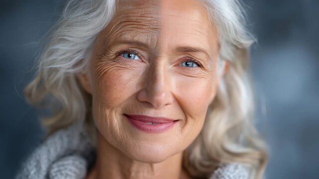 67Side-by-side aging concept on one face, textured, weathered skin on one half merging seamlessly into bright, wrinkle-free youthful skin, clinical aesthetic emphasizing dermatology