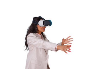 Woman experiencing virtual reality wearing vr headset, interacting with digital world on transparent background