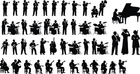 Collection of musician silhouettes playing various instruments, jazz band performers, orchestra players, musical artist poses, isolated black vector music illustration set © MdNurAlam