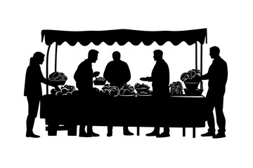 Market Stall Silhouette: Silhouetted figures engage in commerce at a bustling market stall, the scene exuding a sense of community and the essence of local trade.
