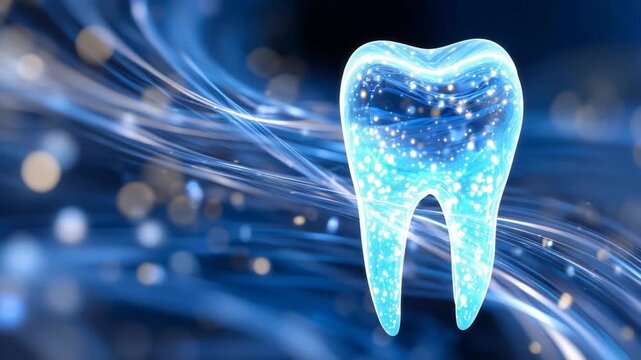 68Stylized tooth icon with swirling bright light curves forming a luminous vortex, silky smooth enamel surface, cool-blue background infused with subtle sparkle effects