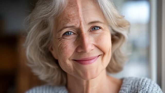 69Beauty treatment comparison portrait, woman&rsquo;s aged half showing discoloration and deep lines, youthful half smooth and glowing, high clarity highlighting the dramatic difference