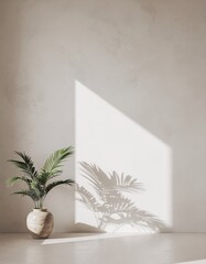 Indoor palm plant with sunlight and shadows on a textured wall