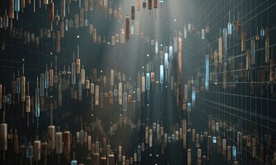 Glowing Digital Financial Stock Market Candlestick Chart showing Economic Growth and Investment Success Data Visualization in a Business Office Environment