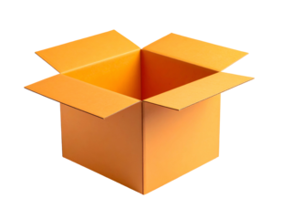 An empty, open, orange cardboard box against a black backdrop