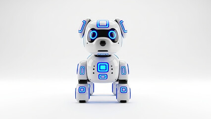 Cute White Robot Dog with Glowing Blue Accents on Clean White Representing AI Companionship and Technology.