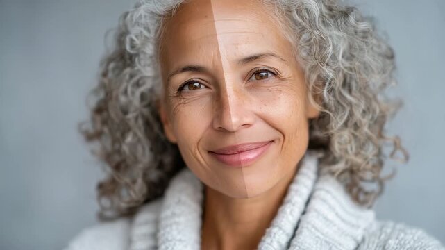 70Skin transformation split portrait, woman&rsquo;s mature half showing realistic age lines, the youthful half flawless with even complexion, high-resolution macro detailing