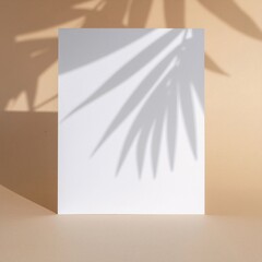 Sunny studio scene: blank white card with plant leaf shadow, natural light.