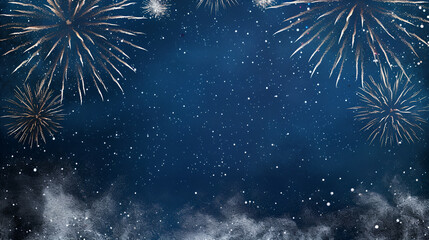 Fototapeta premium Midnight Snow & Fireworks — New Year Background, fireworks in the night sky