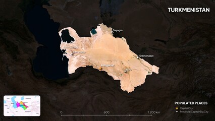 4K Turkmenistan Border Land Map, High Resolution Satellite View with Province Lines and Highly Populated Cities, Widescreen 4K Resolution