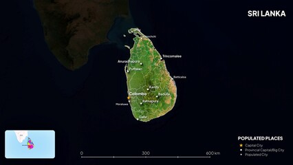 4K Sri Lanka Border Land Map, High Resolution Satellite View with Province Lines and Highly Populated Cities, Widescreen 4K Resolution