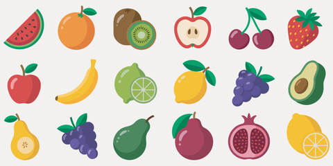Fruit Flat Icons Watermelon Lemon Banana Apple and Berry