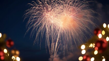 Bright pink and white fireworks exploding against a dark night sky with blurred lights in the