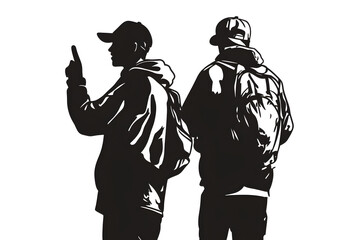 Fototapeta premium Urban Travelers' Silhouette: Capturing the silhouette of two individuals, each with a backpack, immersed in the urban atmosphere. A minimalist portrayal suggesting a journey, exploration.