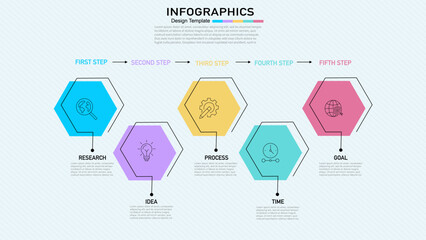 Business infographic process template with 5 steps and hexagon shapes for workflow and planning.