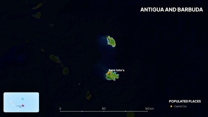 4K Antigua and Barbuda Border Land Map, High Resolution Satellite View with Province Lines and Highly Populated Cities, Widescreen 4K Resolution