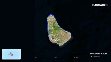 4K Barbados Border Land Map, High Resolution Satellite View with Province Lines and Highly Populated Cities, Widescreen 4K Resolution