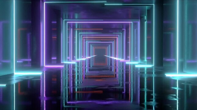 infinite mirrored room, neon light bars extending endlessly, perfect symmetry, glowing cyan magenta violet lights, reflections multiplying infinity, dark futuristic nightclub space, smooth pulsing 4k