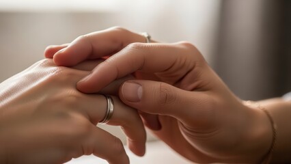 Close-up of a man gently placing a wedding ring on a womans finger.