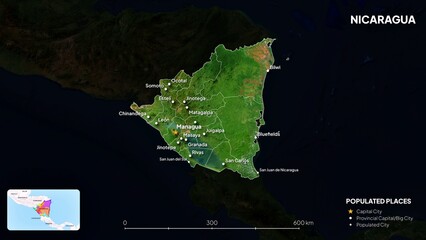 4K Nicaragua Boder Land Map, High Resolution Satellite View with Province Lines and Highly Populated Cities, Widescreen 4K Resolution