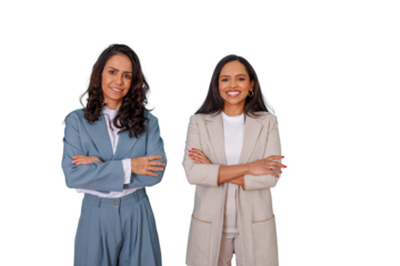 Diverse businesswomen standing together, smiling with crossed arms, representing confidence, teamwork, and professional partnership