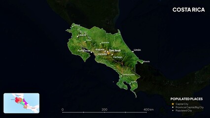 4K Costa Rica Border Land Map, High Resolution Satellite View with Province Lines and Highly Populated Cities, Widescreen 4K Resolution
