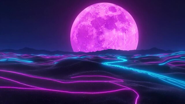 Vibrant futuristic landscape with glowing neon rivers under a giant pink moon at night Ai HD high quality video.
