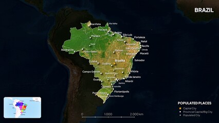 4K Brazil Border Land Map, High Resolution Satellite View with Province Lines and Highly Populated Cities, Widescreen 4K Resolution