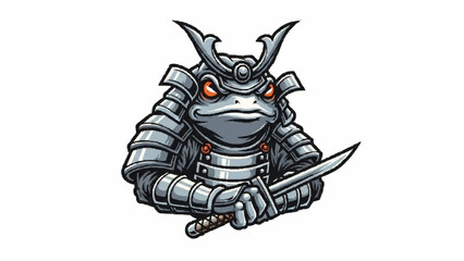 A cool and serious samurai toad warrior wearing detailed silver armor and holding a small sword, ready for a duel.