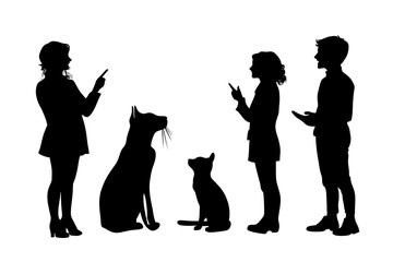 Silhouette Symphony: A captivating scene unfolds, showcasing silhouettes of individuals interacting with dogs and cats, the play of light and shadow, creating a dynamic visual narrative.
