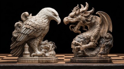 Intricately Carved Chess Pieces Featuring an Eagle and a Dragon in a Classic Game Setup with a Chessboard Background