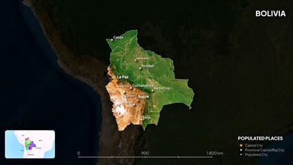 4K Bolivia Border Land Map, High Resolution Satellite View with Province Lines and Highly Populated Cities, Widescreen 4K Resolution