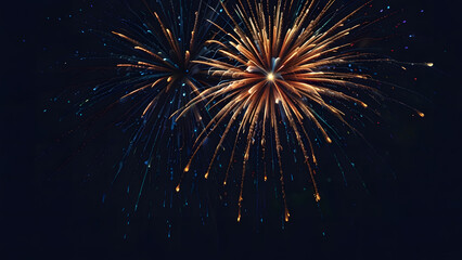 Fototapeta premium Elegant abstract firework streaks painted with golden and blue light against a dark night sky. Celebration concept