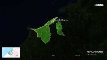 4K Brunei Border Land Map, High Resolution Satellite View with Province Lines and Highly Populated Cities, Widescreen 4K Resolution