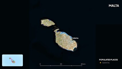 4K Malta Border Land Map, High Resolution Satellite View with Province Lines and Highly Populated Cities, Widescreen 4K Resolution