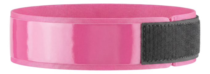 Bright pink reflective armband with Velcro closure for enhanced visibility.