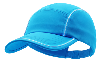 Neon blue reflective cap with adjustable strap and piping for enhanced visibility.
