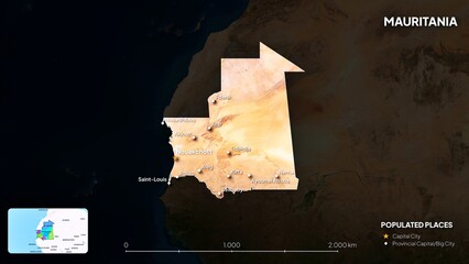 4K Mauritania Border Land Map, High Resolution Satellite View with Province Lines and Highly Populated Cities, Widescreen 4K Resolution