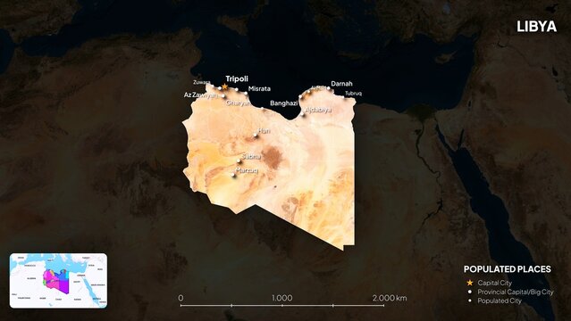 4K Libya Border Land Map, High Resolution Satellite View with Province Lines and Highly Populated Cities, Widescreen 4K Resolution