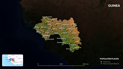 4K Guinea Border Land Map, High Resolution Satellite View with Province Lines and Highly Populated Cities, Widescreen 4K Resolution
