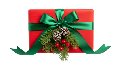 Festive red Christmas gift box with a green ribbon and natural decorations