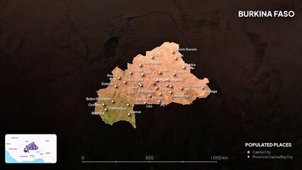 4K Burkina Faso Border Land Map, High Resolution Satellite View with Province Lines and Highly Populated Cities, Widescreen 4K Resolution
