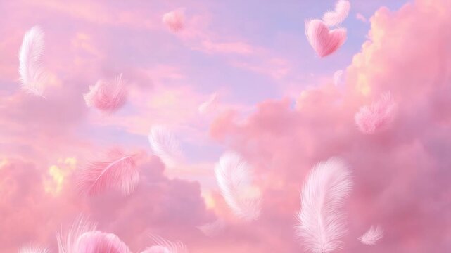 Pink Hearts Floating in Cloudy Sky During Sunset, Romantic Valentines Day Concept, Dreamy Love Symbols, Soft Evening Light, Abstract Romantic Sky Background
