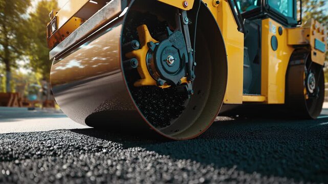 A bright yellow road roller levels fresh asphalt, creating a smooth surface under a sunny sky. Construction and infrastructure meet precision in roadwork.