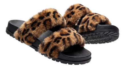 Faux fur strap slide sandals with animal print and rubber sole.